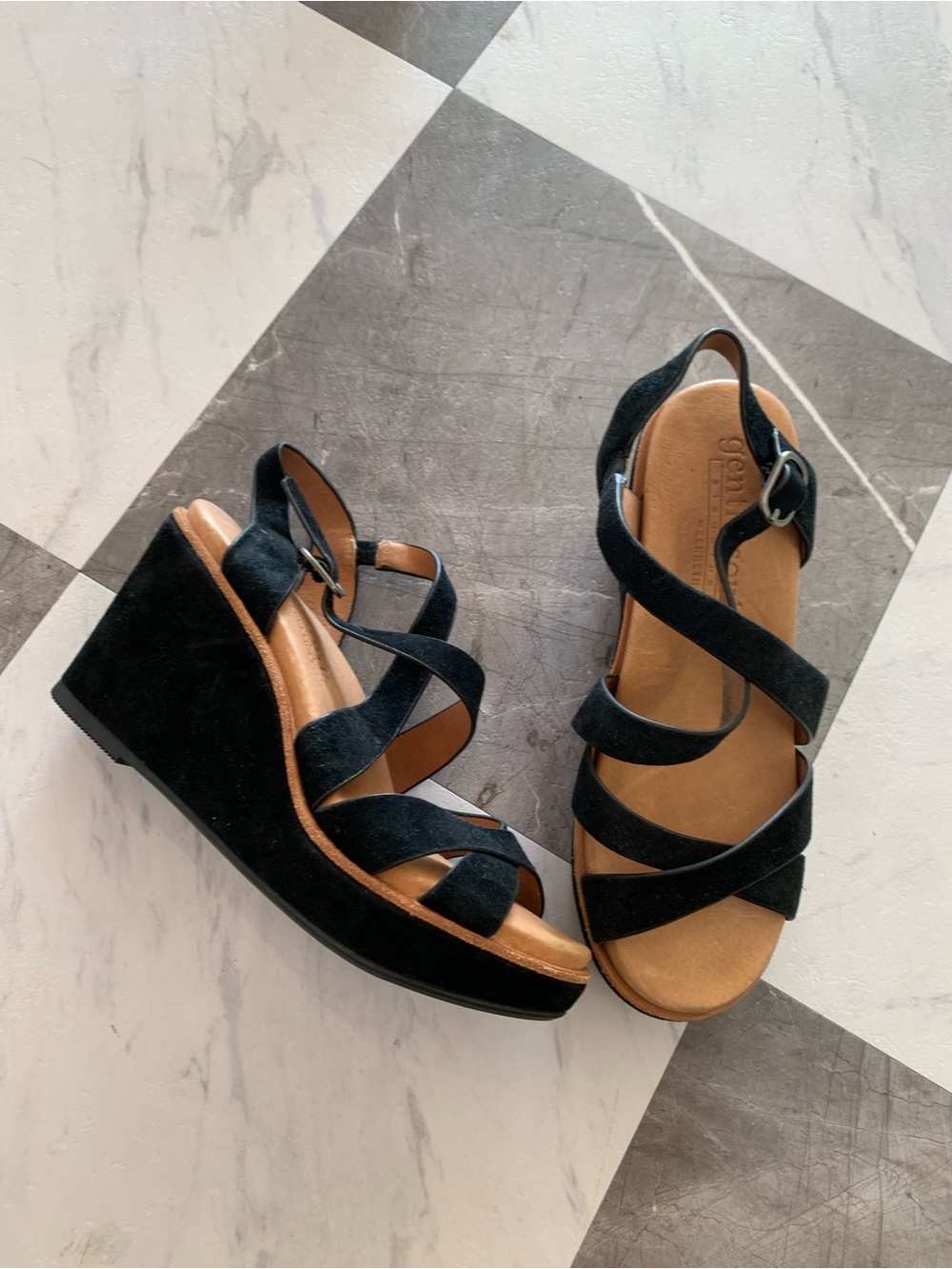 gentle souls Black Suede Crisscross Wedge Sandals